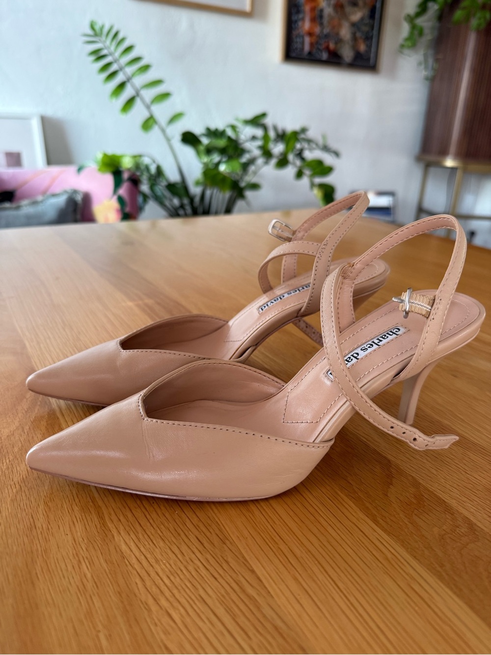 Charles David Nude Slingback Pointed-Toe Heels